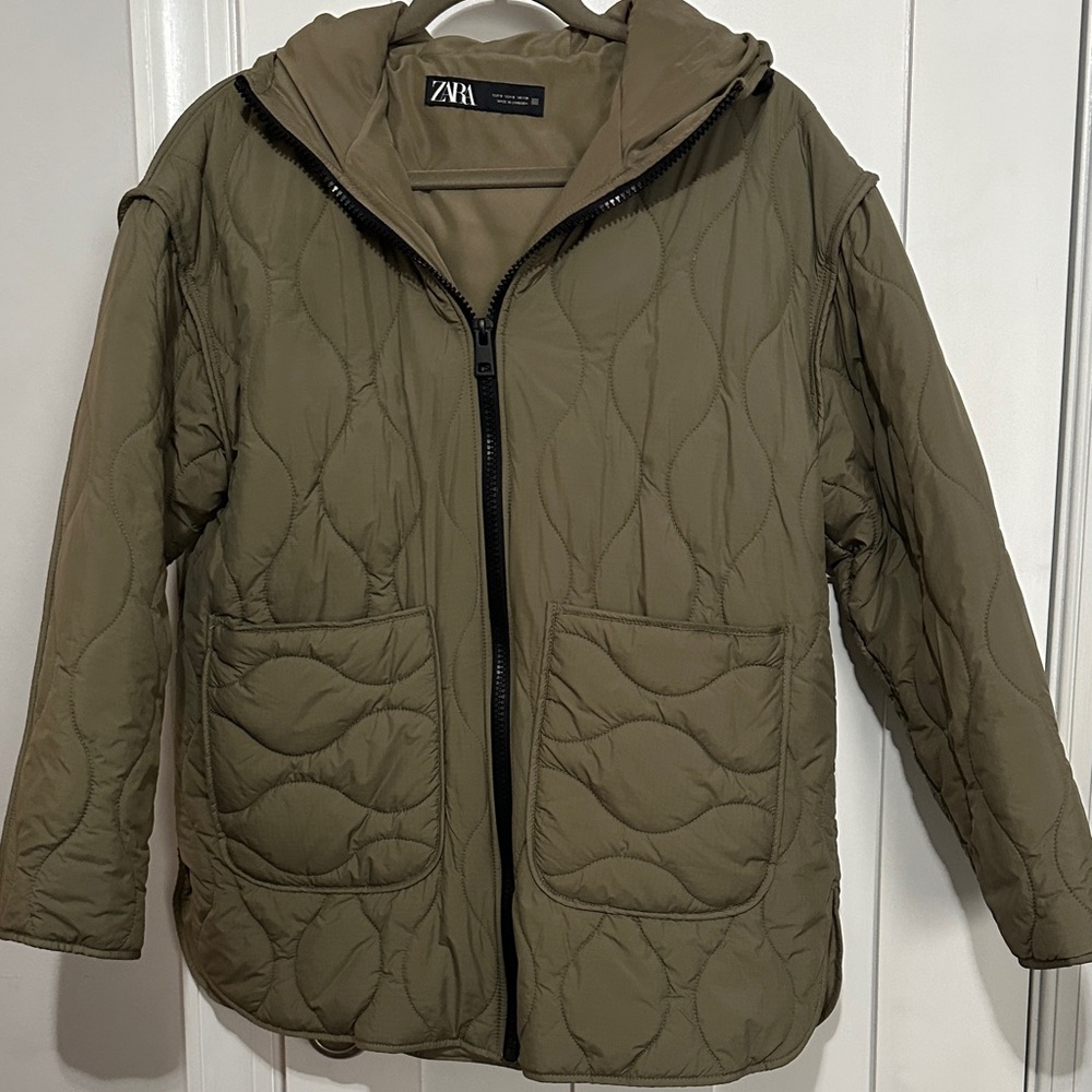 Zara Khaki Quilted Hooded Jacket